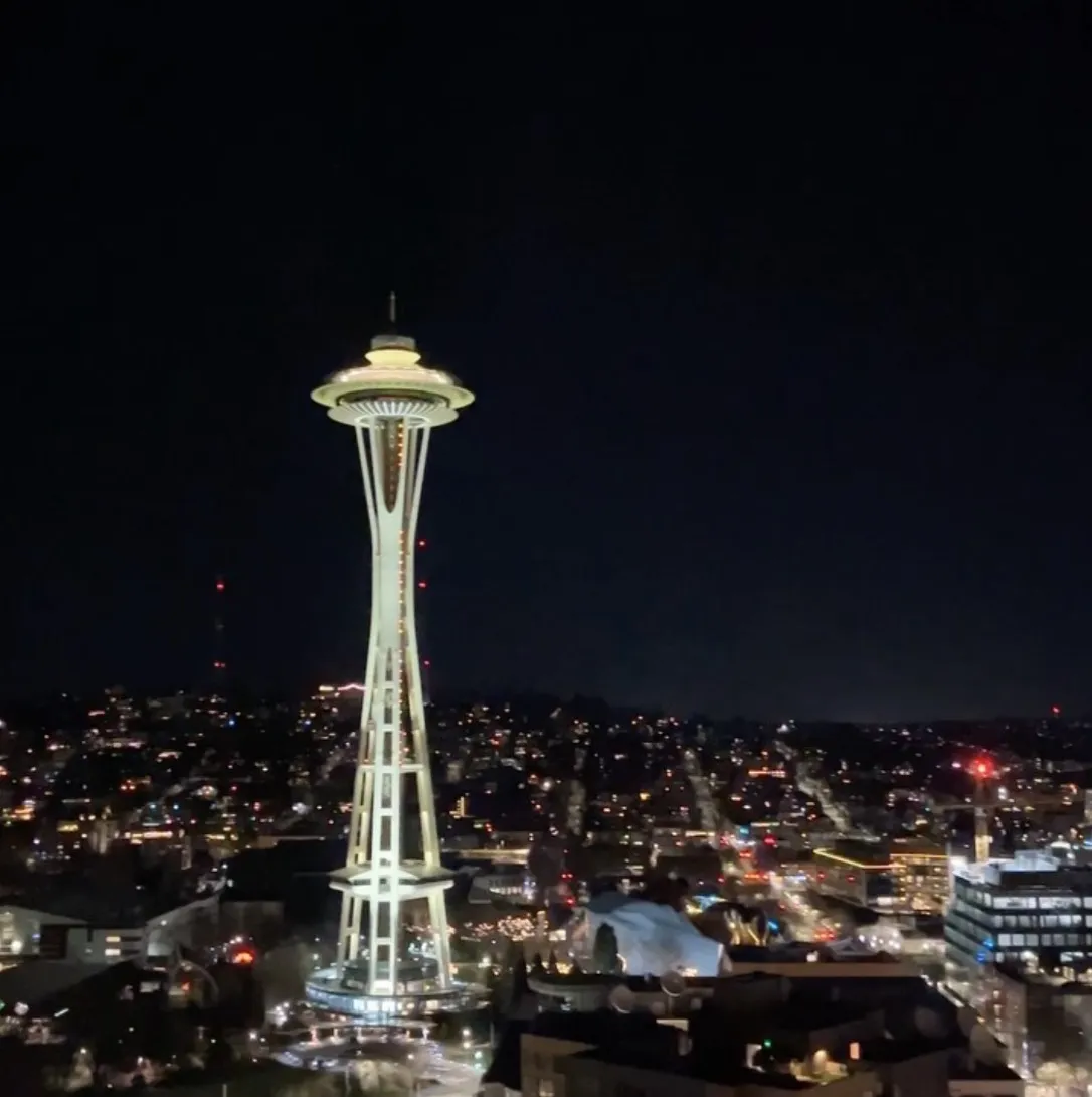 The Space Needle glowing against a black sky
