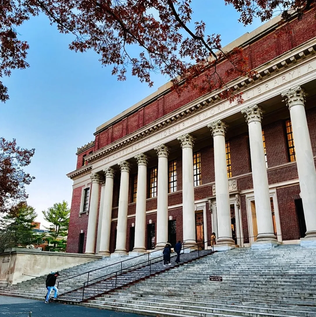 Widener Library’s columns framed by autumn leaves